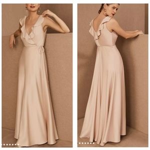 BHLDN / SACHIN & BABI Tansy Satin Ruffle Wrap Maxi Dress Gown Oyster Sz4
